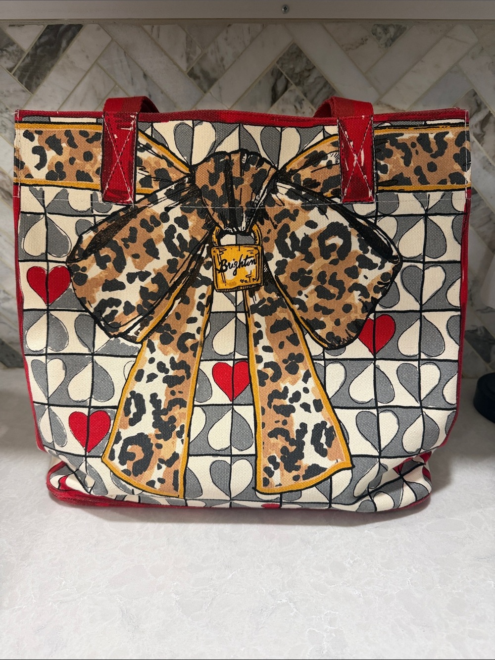 Brighton Canvas Tote with Leopard Bow and Red Accents